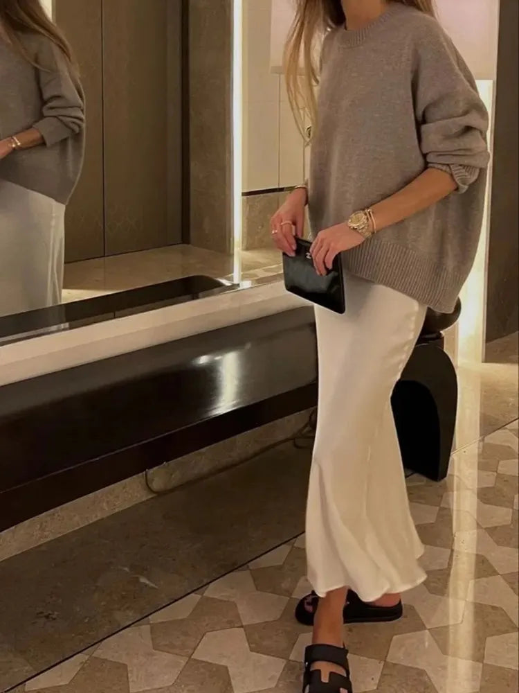 Women’s Satin Midi Skirt 2025 – High Waist Black Long Skirt for Summer