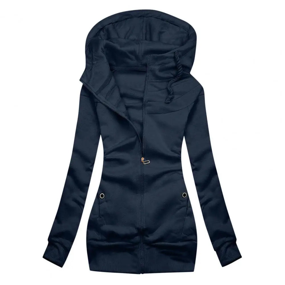 Lady Hoodie Jacket Solid Color Drawstring Tight Waist Autumn Warm Zipper Cardigan