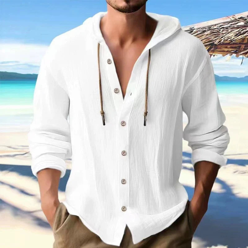Men’s Linen Hooded Shirt – Casual Long Sleeve Button Cardigan Top - PULSE MART