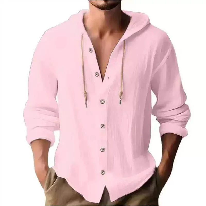 Men’s Linen Hooded Shirt – Casual Long Sleeve Button Cardigan Top - PULSE MART