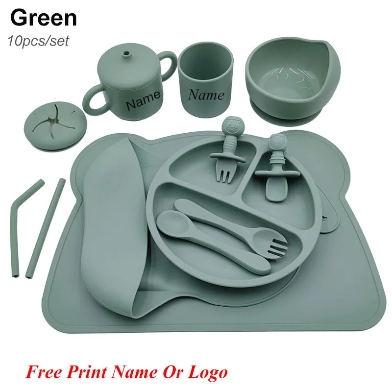 Silicone Baby Feeding Set 10Pcs Children Tableware Set Personalized Name Plates Bowls Placemats Spoon Fork For Kids Newborn Gift - PULSE MART