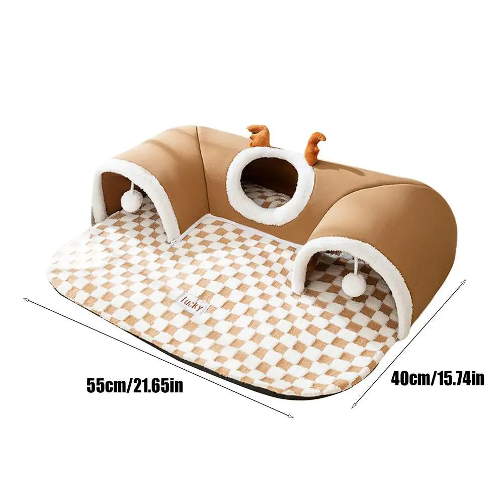 2-in-1 Cat Bed & Play Tunnel - Foldable Winter Hideaway Tent with Plush Mat