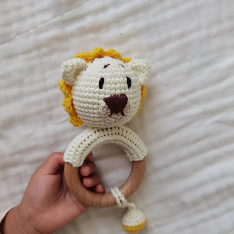 Amigurumi Cartoon Animal Baby Rattle Cute Wooden Ring Handhold Newborn Rattle Toys Handmade Pacifier Clips Kids Educational Toys - PULSE MART