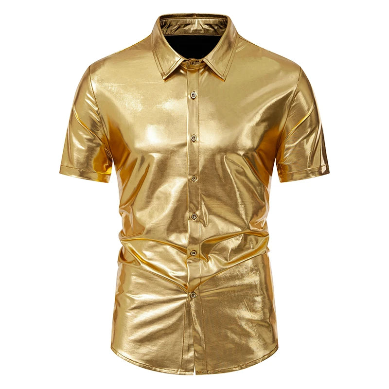 Men’s Metallic Shiny Short Sleeve Shirt – Party Casual Dress Shirt SS29