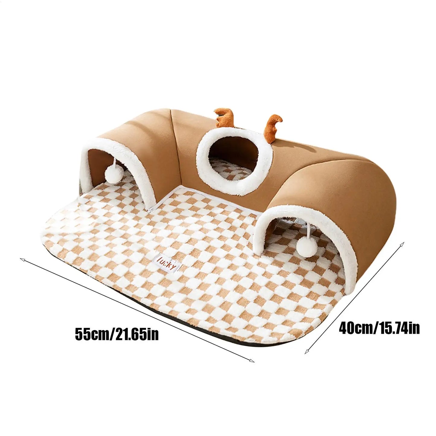 2-in-1 Cat Bed & Play Tunnel - Foldable Winter Hideaway Tent with Plush Mat