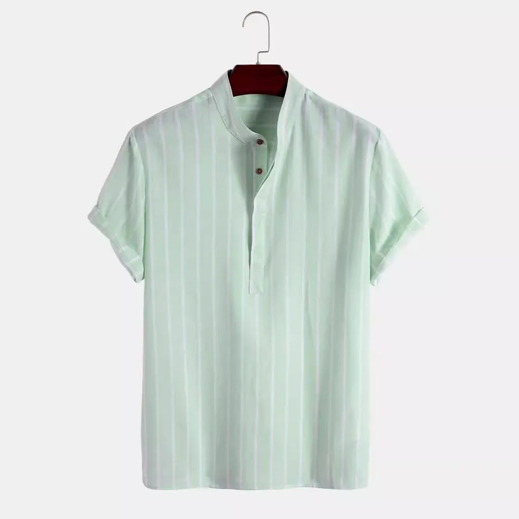 Men’s Striped Short Sleeve Shirt – Casual Linen Blend Stand Collar Summer Top