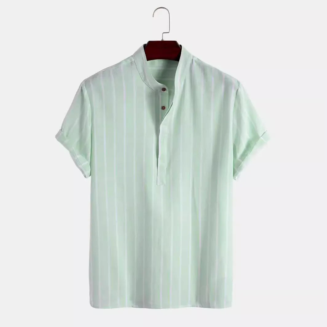 Men’s Striped Short Sleeve Shirt – Casual Linen Blend Stand Collar Summer Top