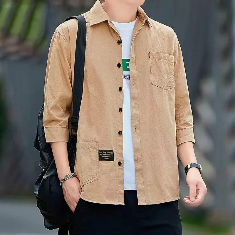 Men shirts Summer clothing Short-Sleeved shirts & blouses Daily Solid Color Stand-Up Collar