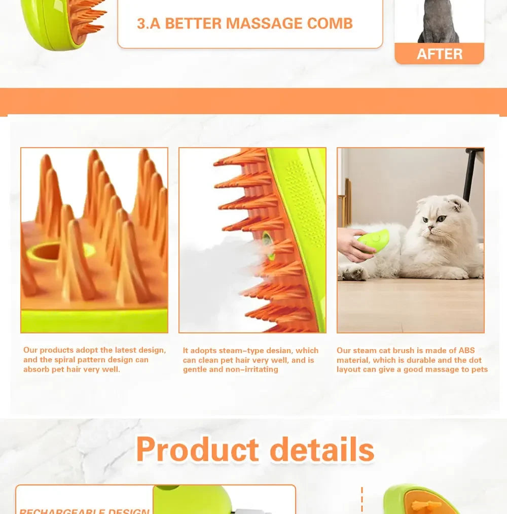 3-in-1 Electric Pet Steam Brush – Cat & Dog Grooming Brush with Spray & Massage Comb