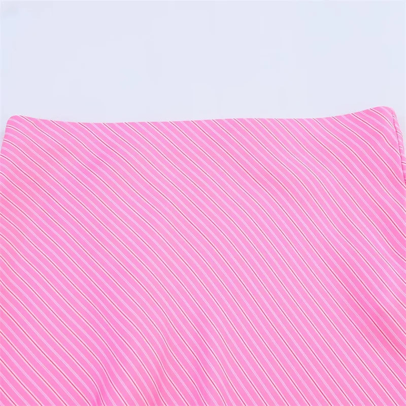 Women's Skirt New Summer 2025 Pink Striped Silk Satin Midi Skirt Fashionable and versatile