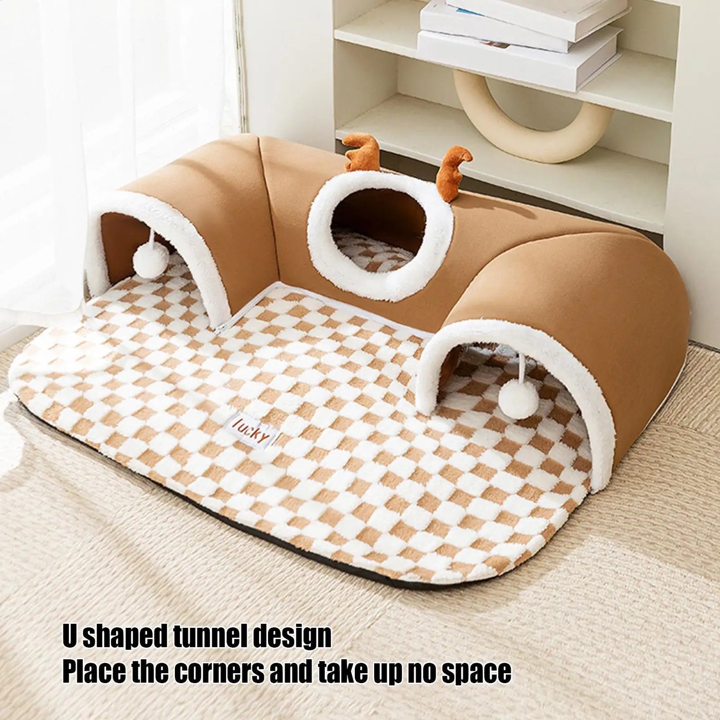 2-in-1 Cat Bed & Play Tunnel - Foldable Winter Hideaway Tent with Plush Mat
