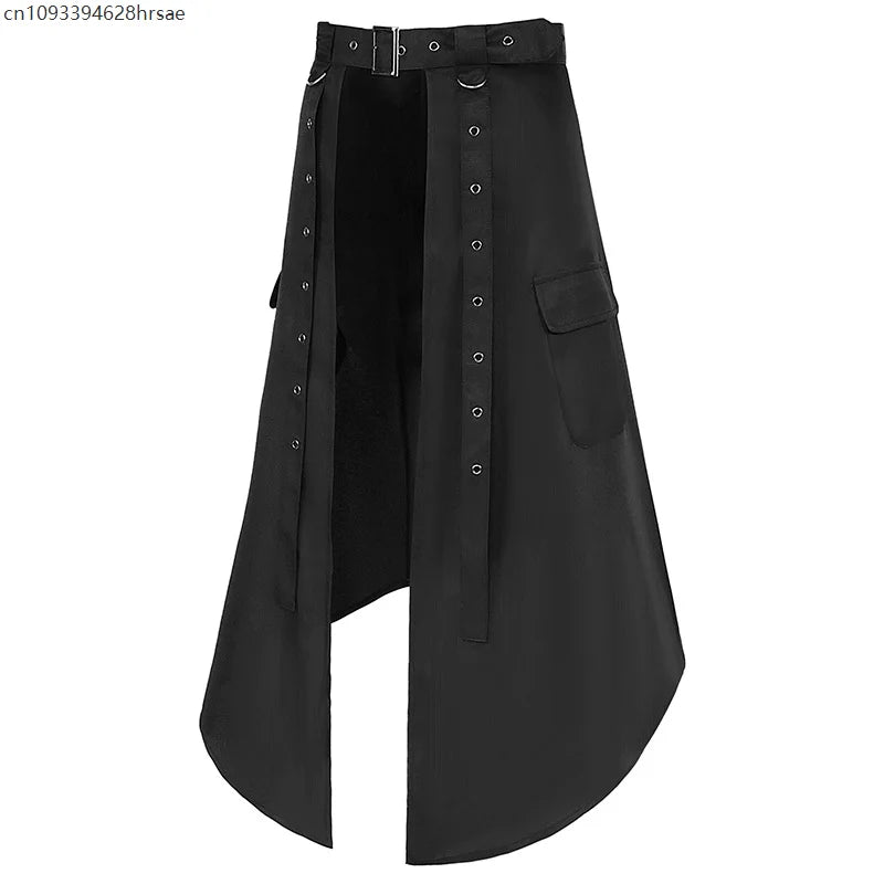 Men’s Gothic Irregular Skirt – Black High Waist Pleated Steampunk Rock Long Skirt for Halloween