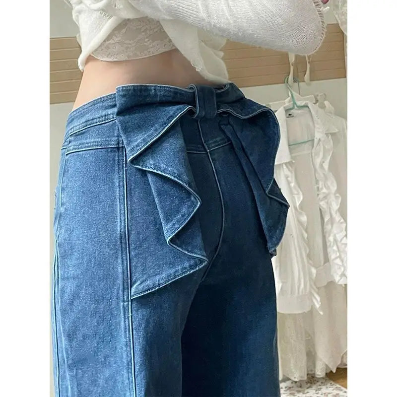 Denim Pant Jeans WomeWiden g L Leong Pants High Waist Bow Straight Trousers - PULSE MART