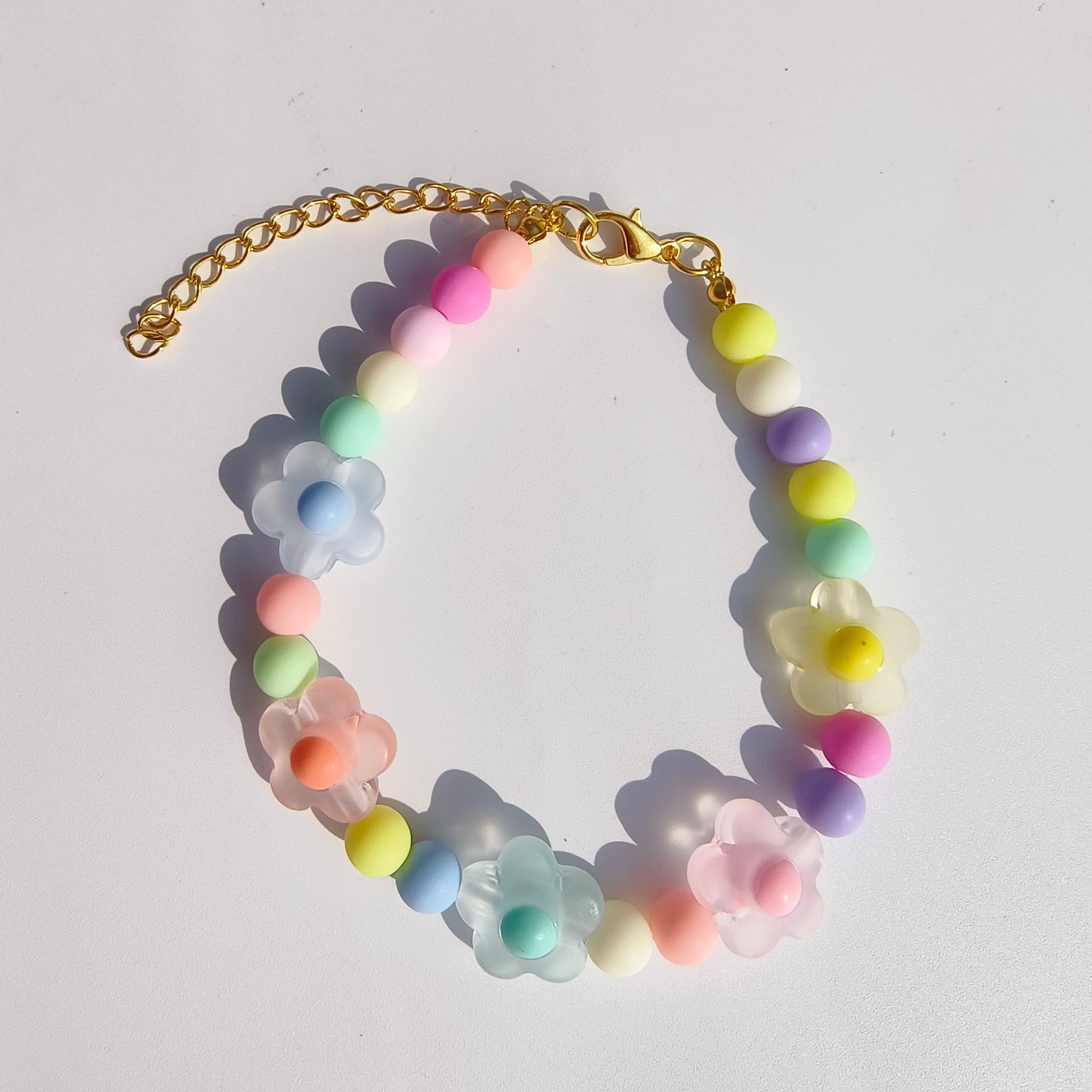 Cute Candy-Colored Pet Collar: Pearl Necklace with Flower Beads & Alloy Chain