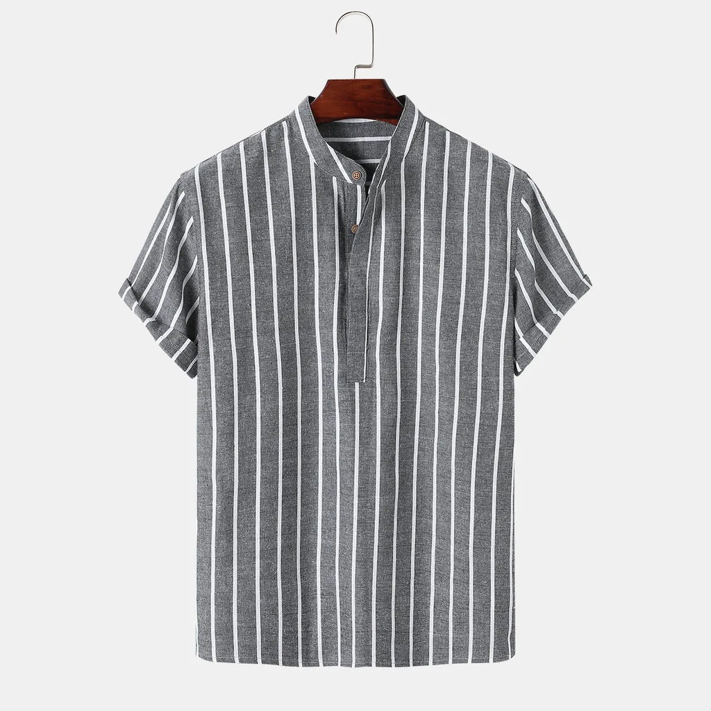 Men’s Striped Short Sleeve Shirt – Casual Linen Blend Stand Collar Summer Top
