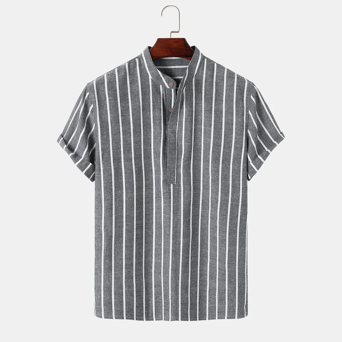 Men’s Striped Short Sleeve Shirt – Casual Linen Blend Stand Collar Summer Top