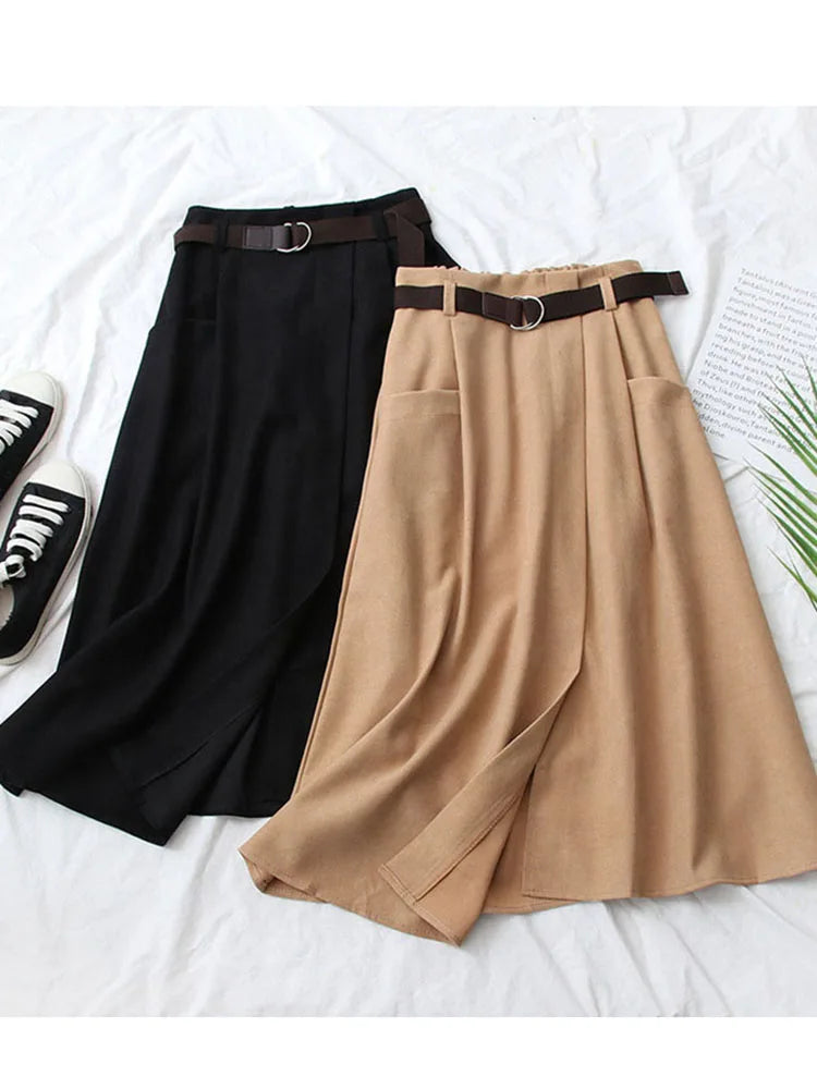 Women’s Casual Midi Skirt – High Waist Irregular Design with Pockets, Spring & Autumn