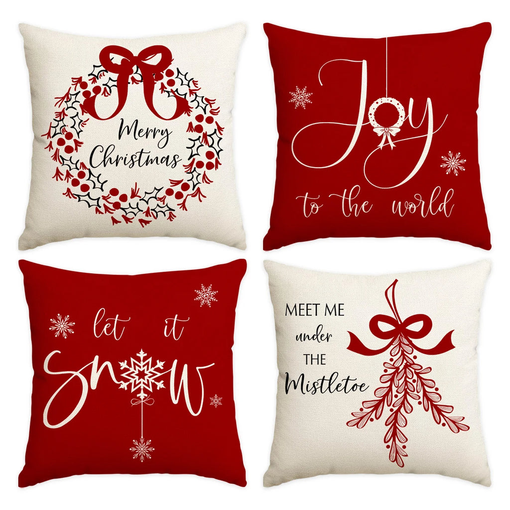 1/4pcs red Christmas pillowcase, bow Christmas wreath, Christmas plant design cushion cover, farmhouse Christmas decoration