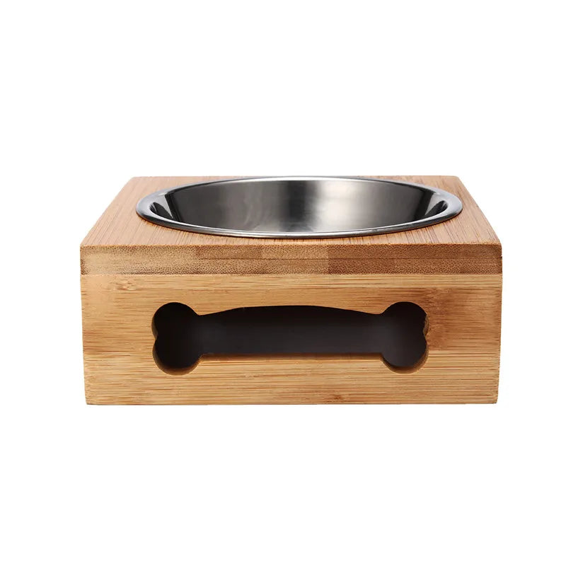 Ceramic Elevated Double Pet Bowls - Bamboo Wooden Stand for Cats & Small Dogs