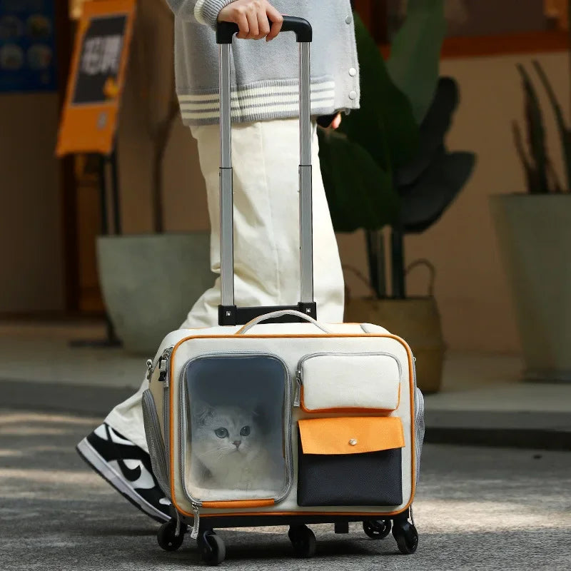 Rolling Pet Carrier Backpack – Detachable Cat & Dog Trolley Travel Bag for Small Pets