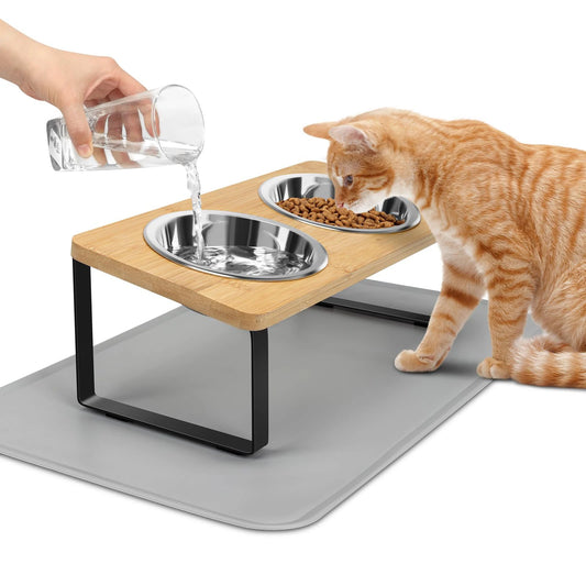 Elevated Cat Bowls with Food Mat – 15° Tilted Raised Feeder with 2 Stainless Steel Bowls