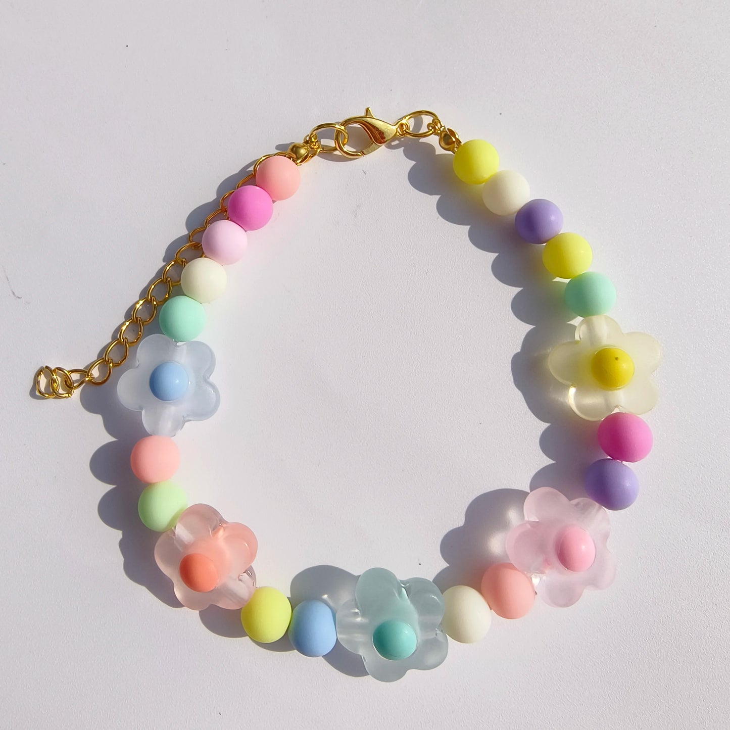 Cute Candy-Colored Pet Collar: Pearl Necklace with Flower Beads & Alloy Chain