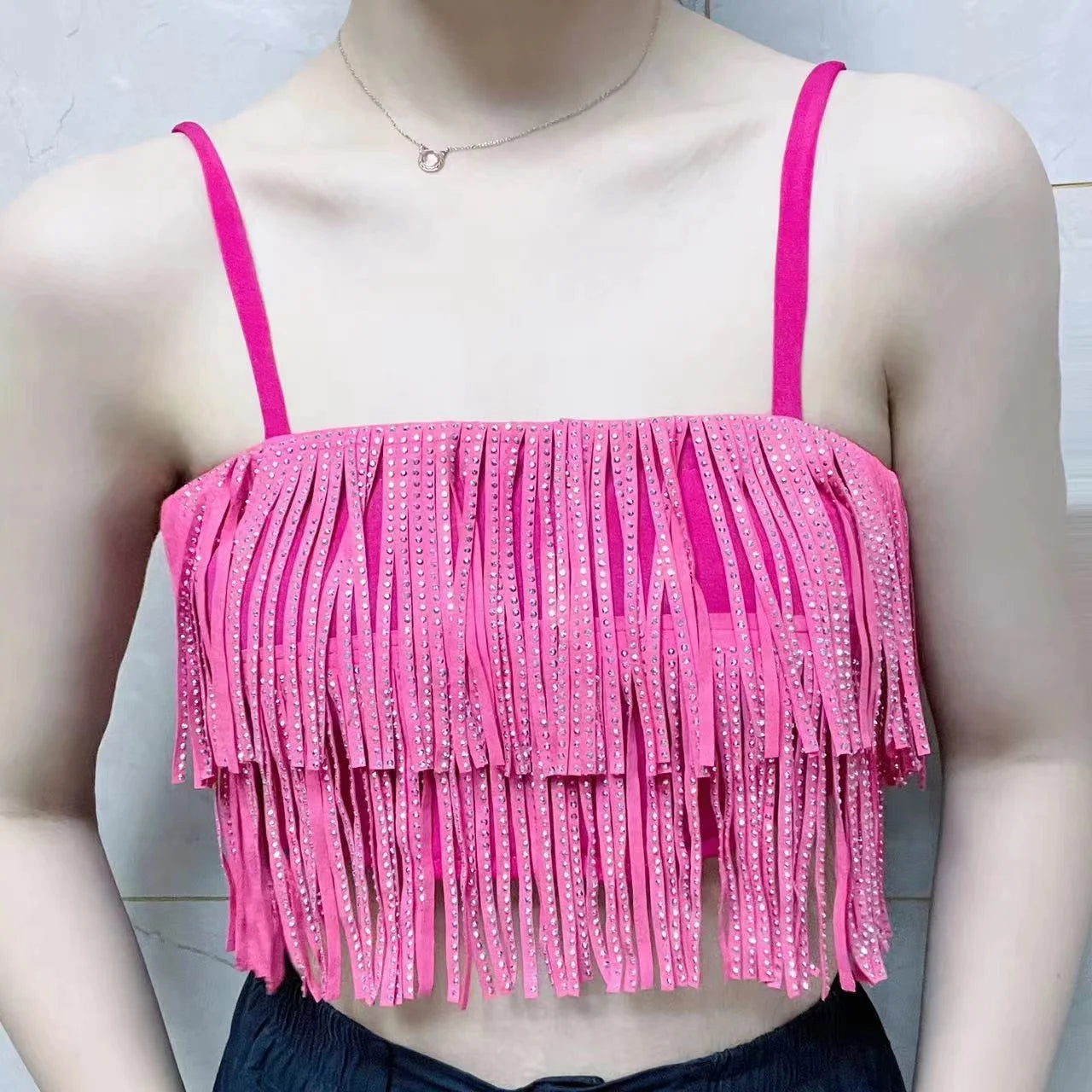 Women’s Autumn Skirt  – High Waist Belted A-Line with Rhinestones, Fringe & Layered Cake Design