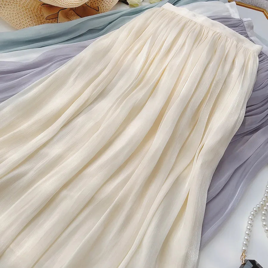 Women’s Summer Pleated A-Line Skirt – High Waist Slim Long Skirt, Elegant Streetwear