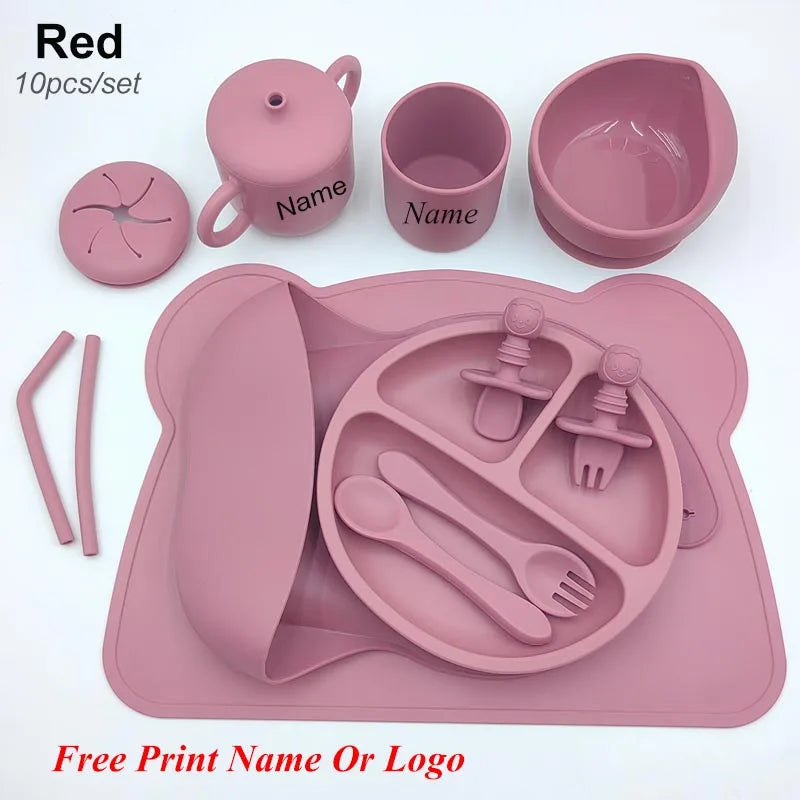 Silicone Baby Feeding Set 10Pcs Children Tableware Set Personalized Name Plates Bowls Placemats Spoon Fork For Kids Newborn Gift - PULSE MART