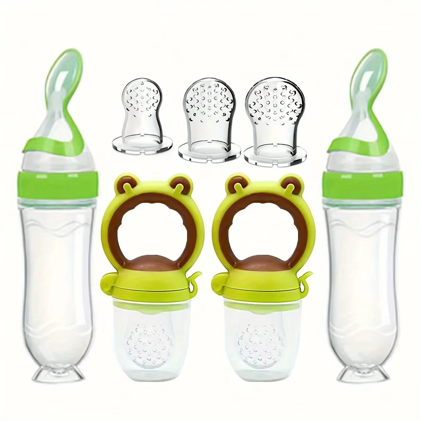 7pcs Baby Feeding Set: 2pcs Soft Silicone Feeding Bottle with Spoon,2pcs Fruit Feeder Pacifier with 3-Size Nipples - PULSE MART