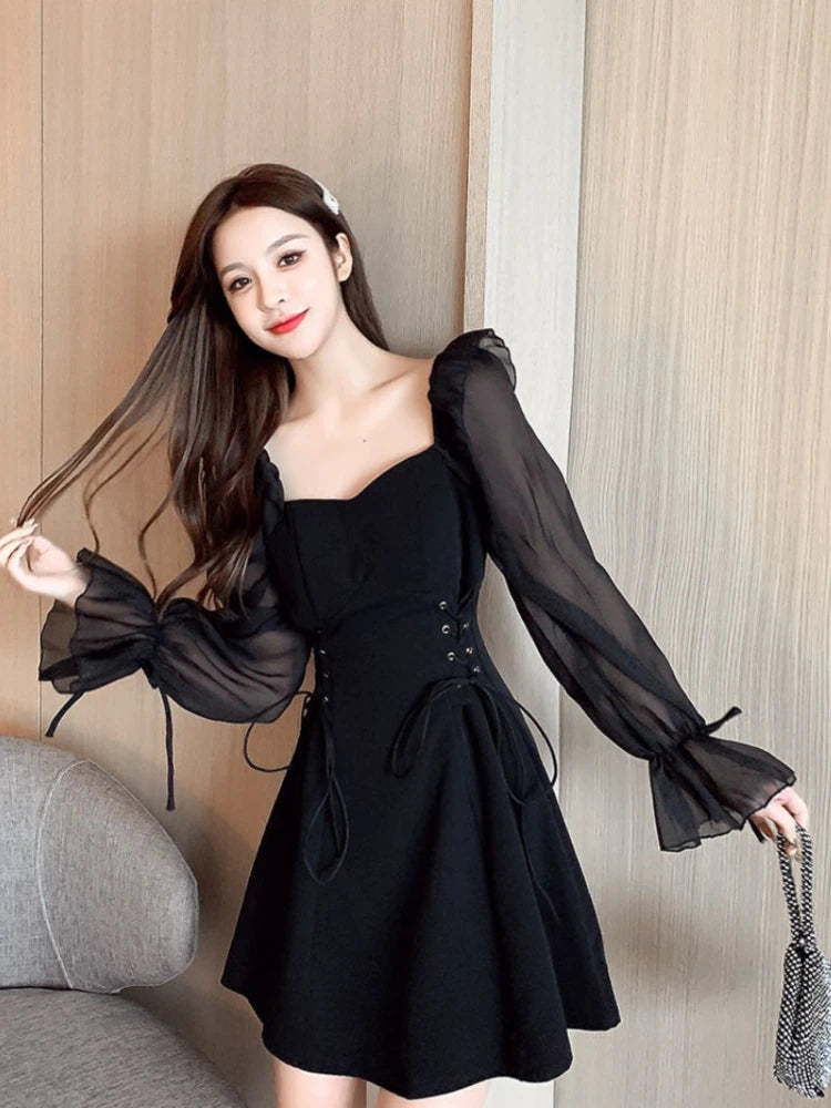 Women’s Coquette Satin Dress – Sexy Black Chiffon Holiday Outfit, Korean Style