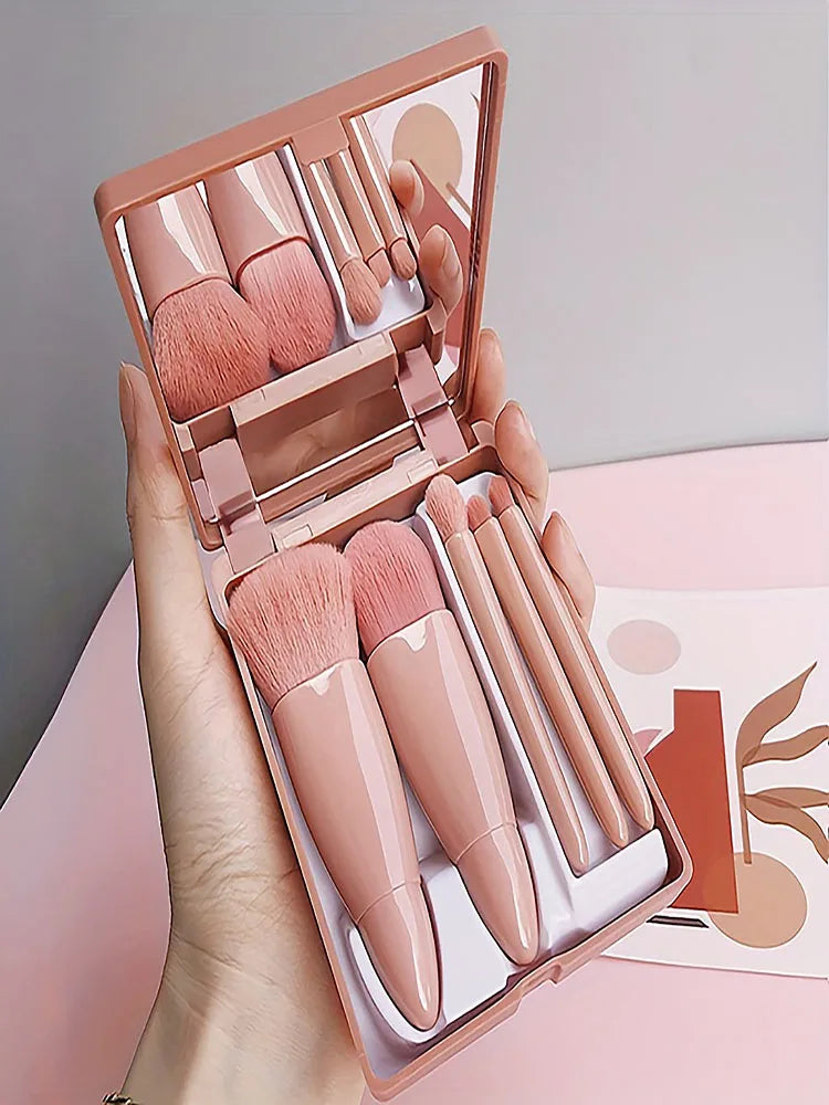 Portable Makeup Brush Set - 5-Piece Foldable Travel Kit with Mirror - PULSE MART