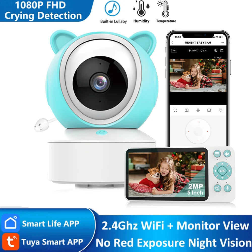5" Tuya Smart WiFi Feeding Reminder Temperature Motion Sound Detection APP View Control Audio Video Baby Monitors Camera 1080P - PULSE MART