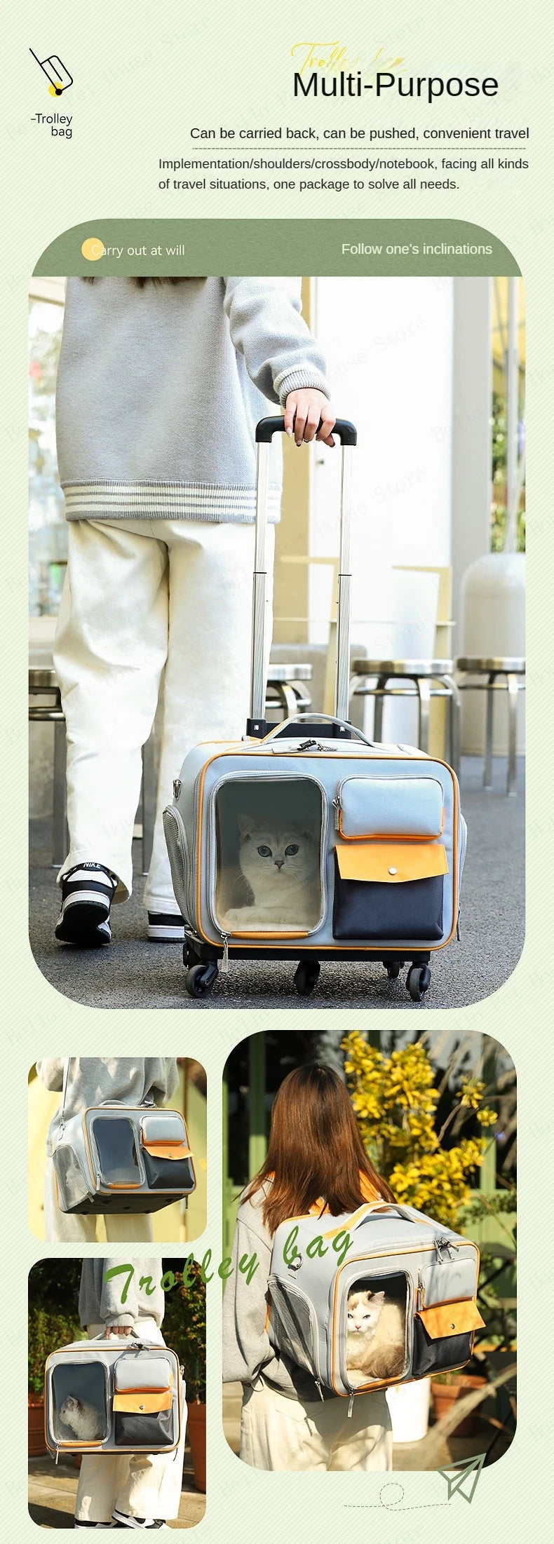 Rolling Pet Carrier Backpack – Detachable Cat & Dog Trolley Travel Bag for Small Pets