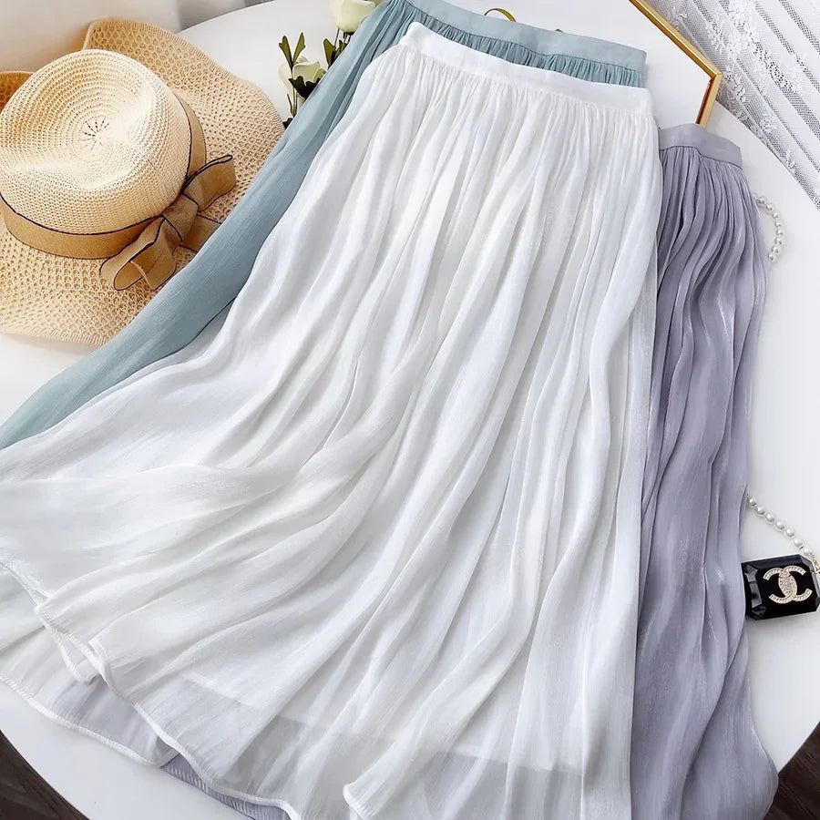 Women’s Summer Pleated A-Line Skirt – High Waist Slim Long Skirt, Elegant Streetwear