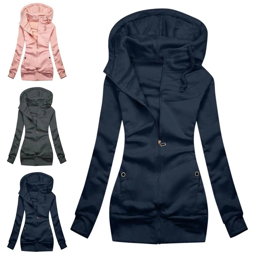 Lady Hoodie Jacket Solid Color Drawstring Tight Waist Autumn Warm Zipper Cardigan