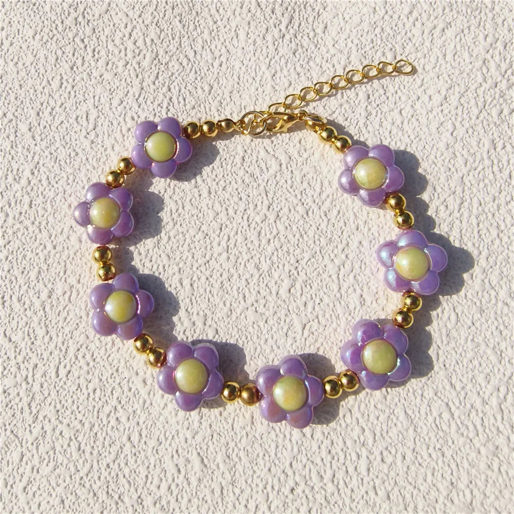 Cute Candy-Colored Pet Collar: Pearl Necklace with Flower Beads & Alloy Chain