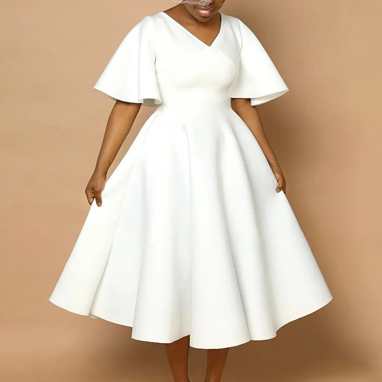 Women’s Elegant Party Dress – V-Neck, Ruffle Sleeves, High Waist Pleated Midi Vestido