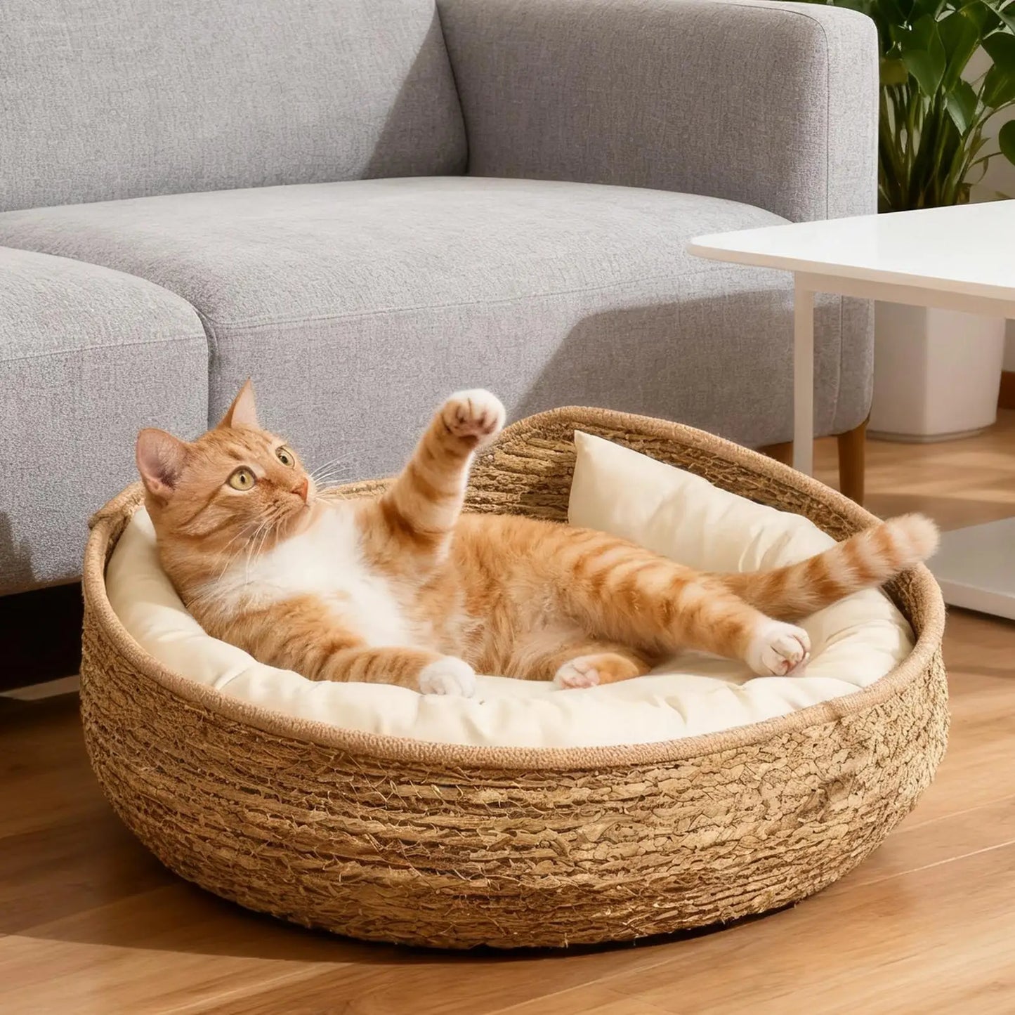 Woven Cotton Rope Cat Basket Bed - Round Sleeping Nest with Luxury Pillow