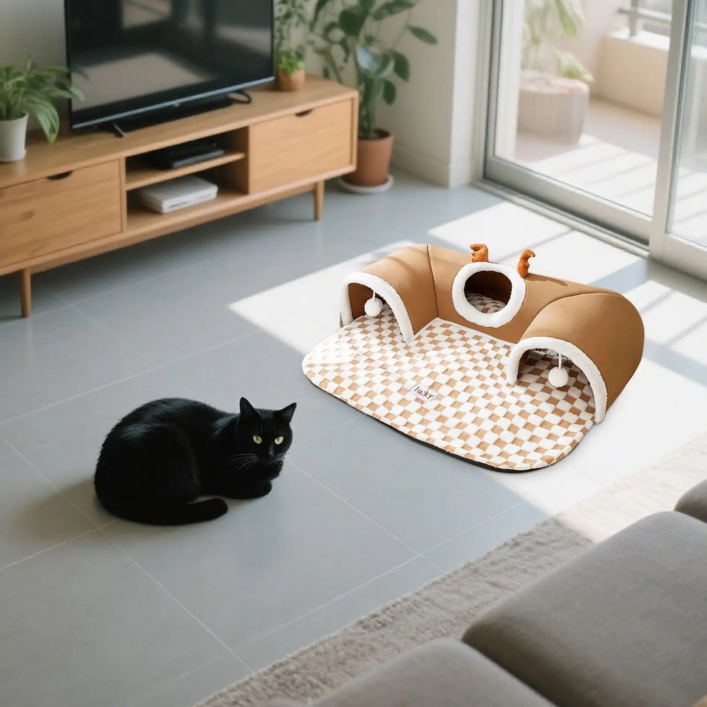 2-in-1 Cat Bed & Play Tunnel - Foldable Winter Hideaway Tent with Plush Mat