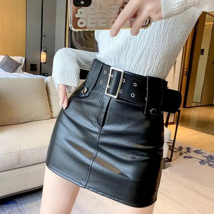korean fashion women clothing  Solid  Button  Above Knee, Mini  vintage leather  black skirt