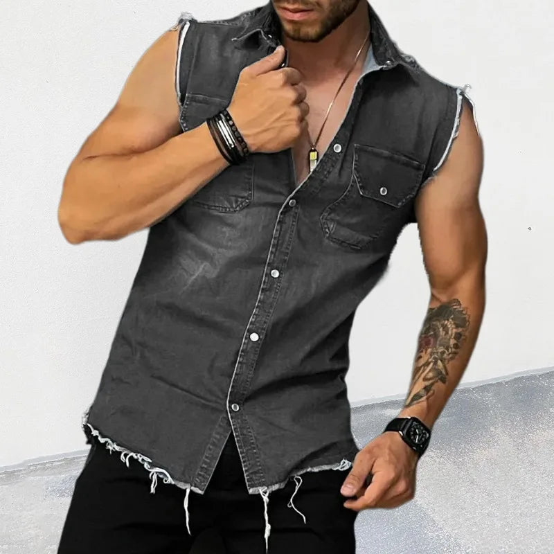Men’s Denim Tank Top – Trendy Sleeveless Shirt, Lapel Cardigan Style, Summer Streetwear Singlet