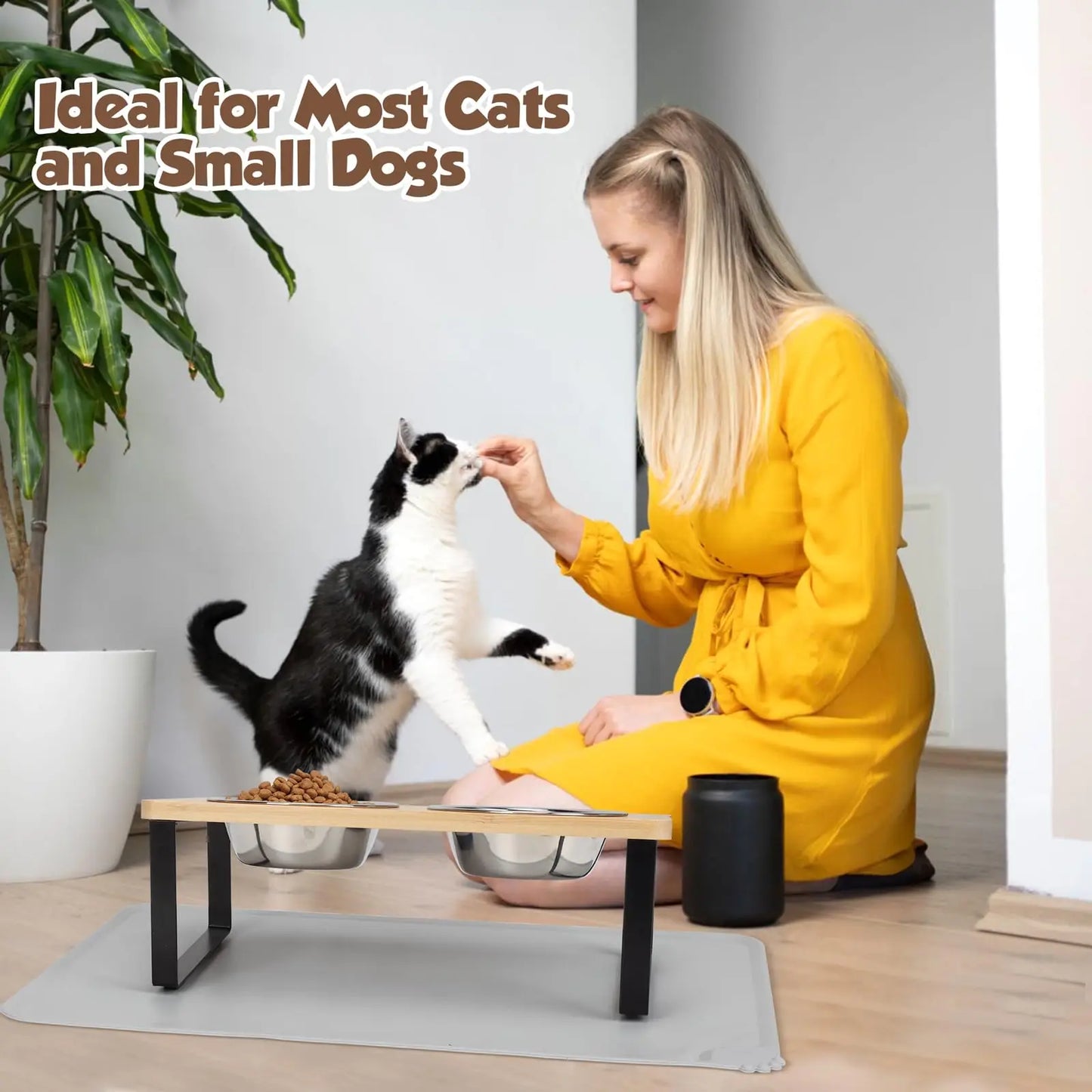 Elevated Cat Bowls with Food Mat – 15° Tilted Raised Feeder with 2 Stainless Steel Bowls