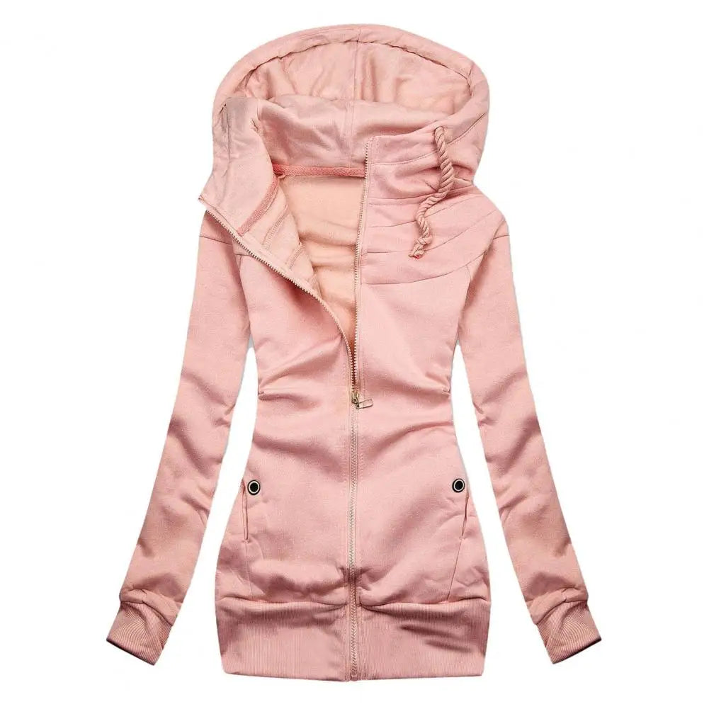 Lady Hoodie Jacket Solid Color Drawstring Tight Waist Autumn Warm Zipper Cardigan