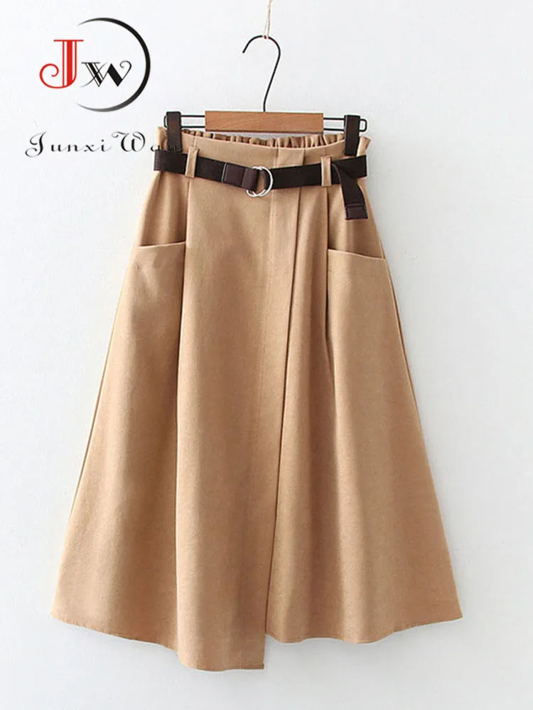 Women’s Casual Midi Skirt – High Waist Irregular Design with Pockets, Spring & Autumn
