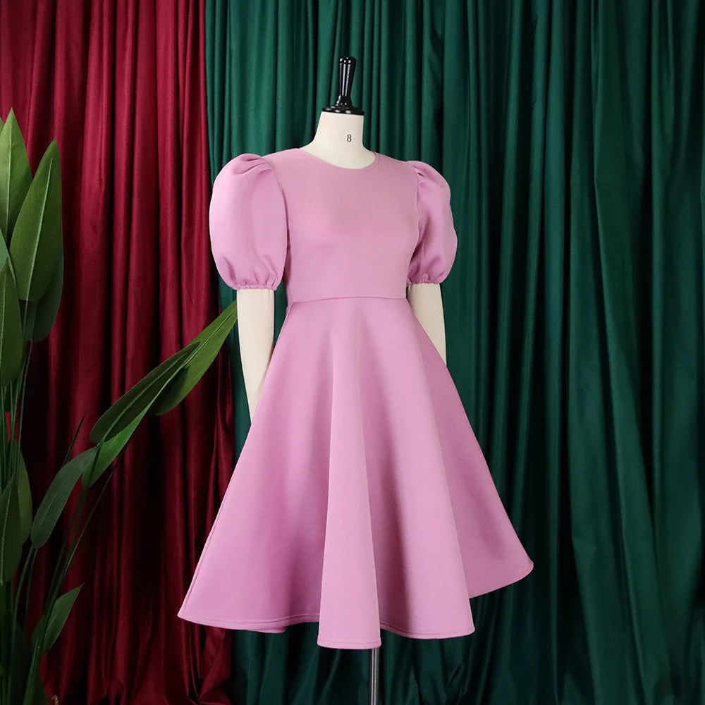 Elegant Dresses for Woman 2024 O Neck Short Sleeve High Waisted Pleated Mid Calf Luxury