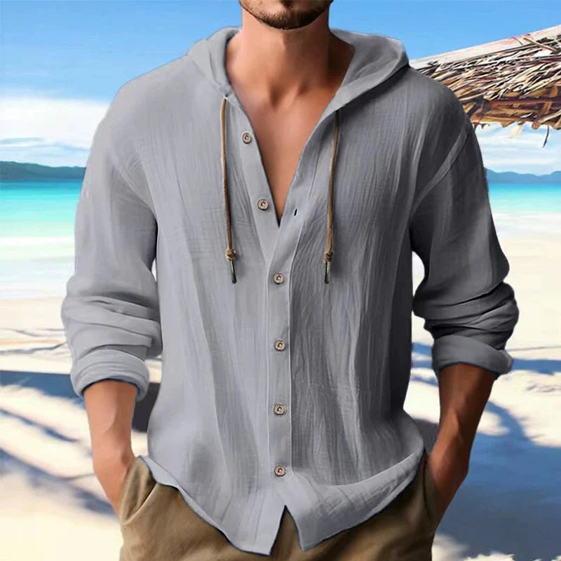 Men’s Linen Hooded Shirt – Casual Long Sleeve Button Cardigan Top - PULSE MART