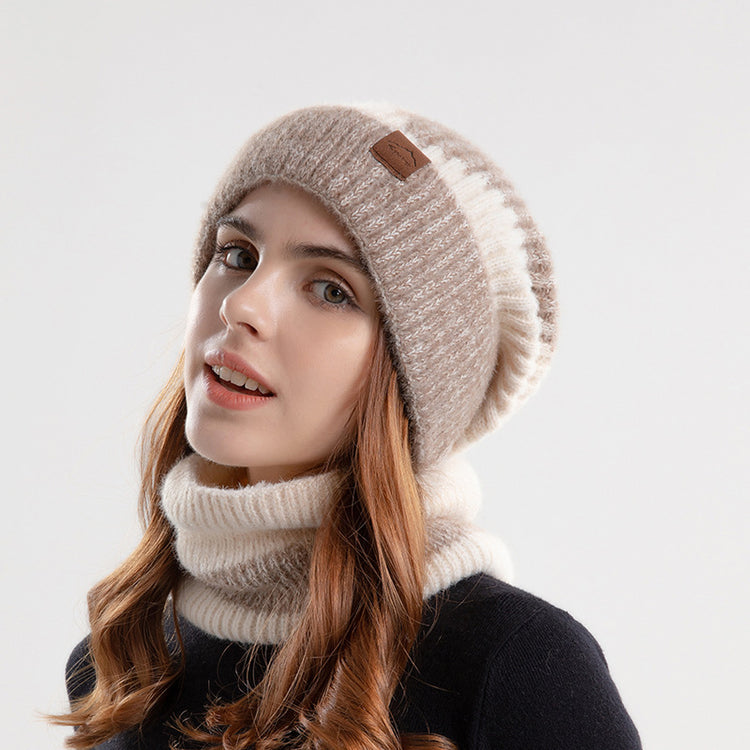 2pcs Knitted Hat Suit With Scarf Winter Two-color Hat And Thick Warm Earflaps Wool Scarf - PULSE MART