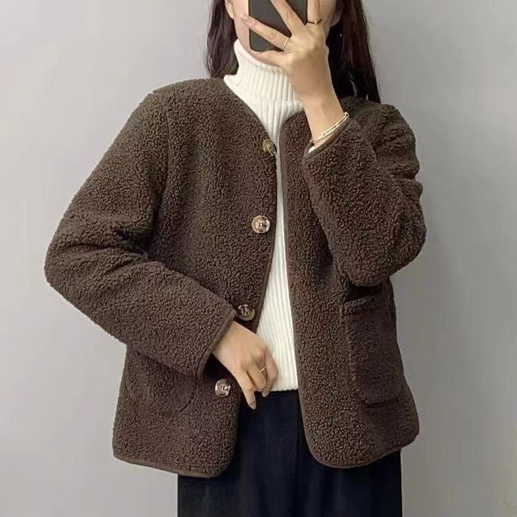 Round Neck Lamb Wool Loose Coat - PULSE MART