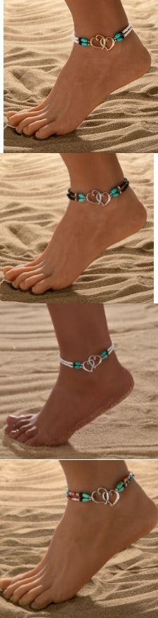 Fashion Vacation Style Alloy Double Heart Bead Turquoise Double Elastic Anklet - PULSE MART